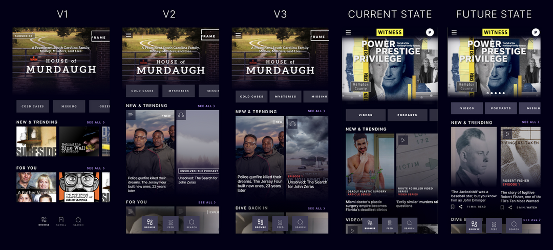 Five screenshots of iterations to the site's homepage