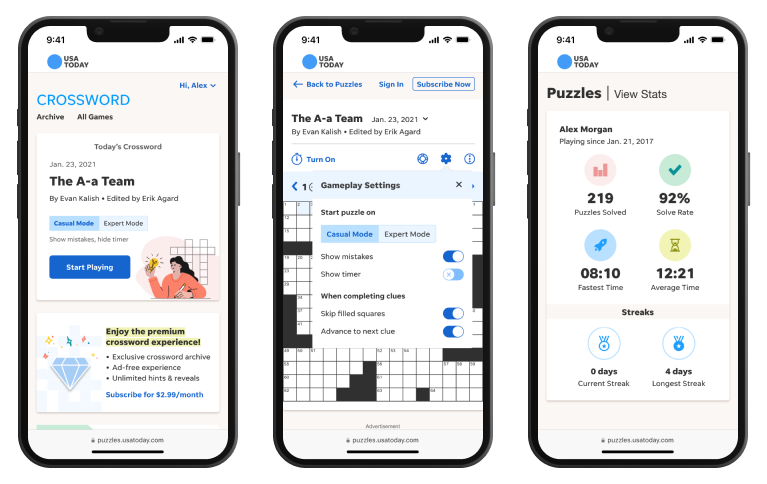 Three phone screens showing the MVP USA TODAY Crossword designs