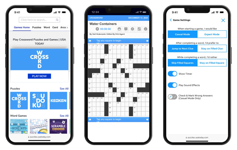 Three phone screens showing the old USA TODAY Crossword design
