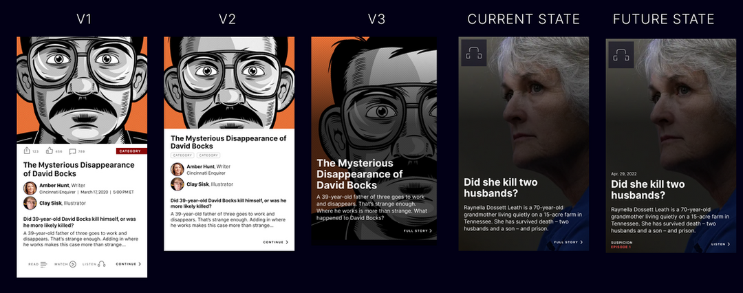 Five screenshots of iterations to the site's Feed page, which features large images and short summaries