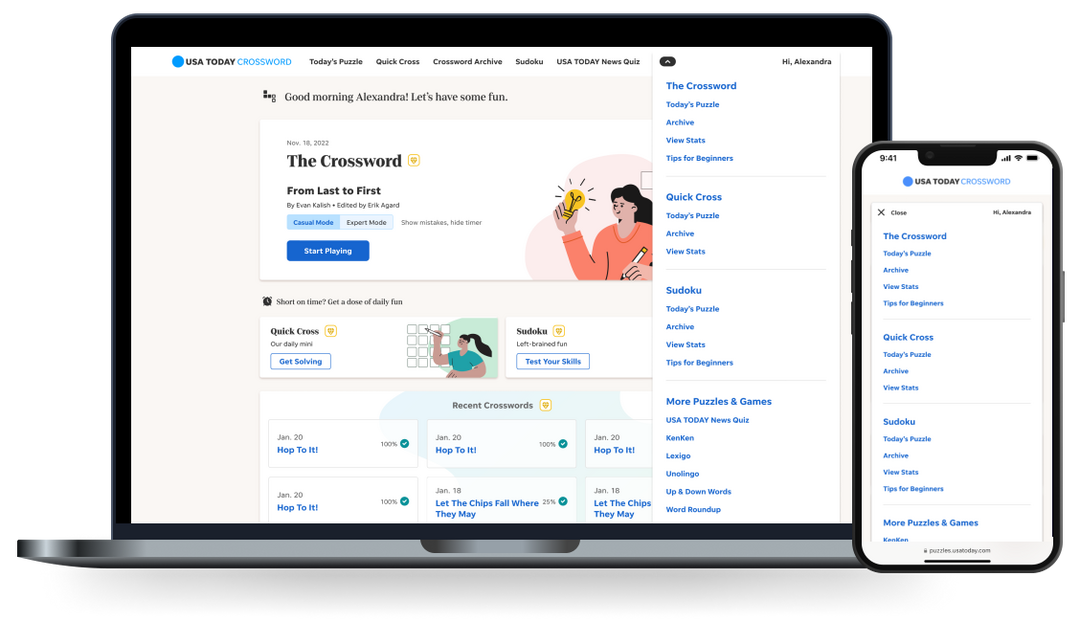 Product screenshots of the Puzzles landing page and menu