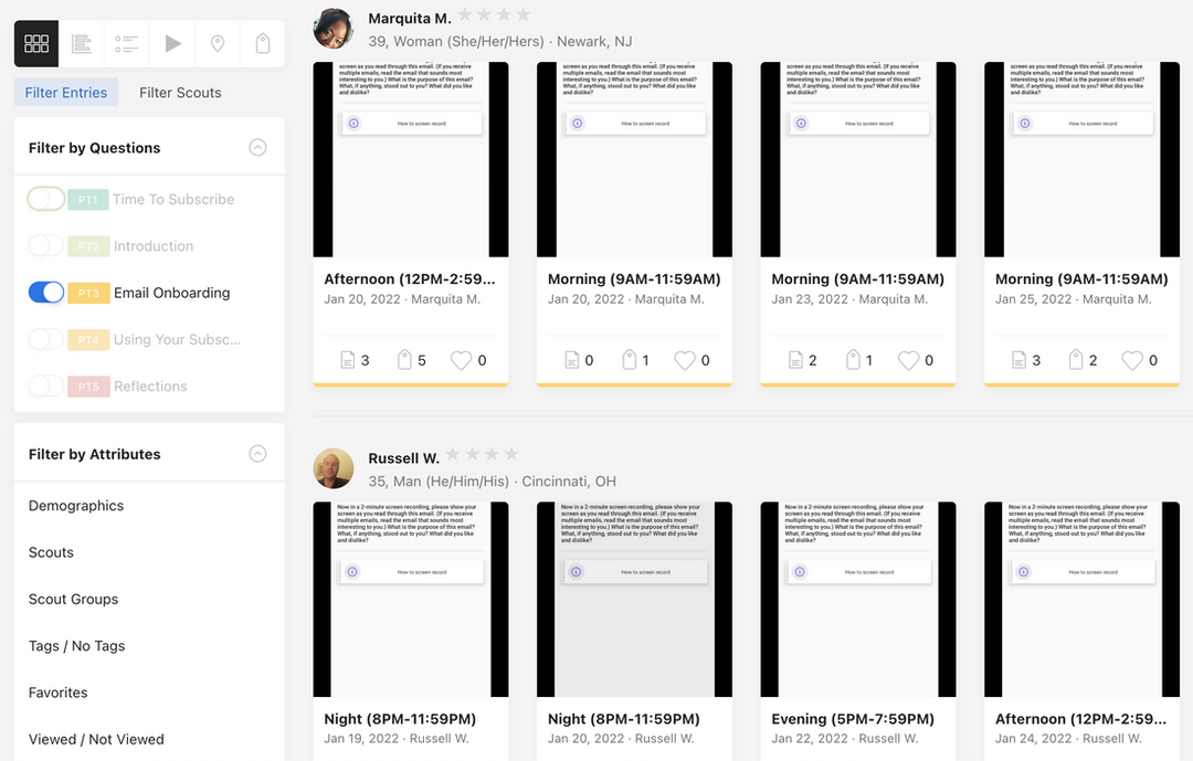 Screenshot of onboarding email entries in dscout