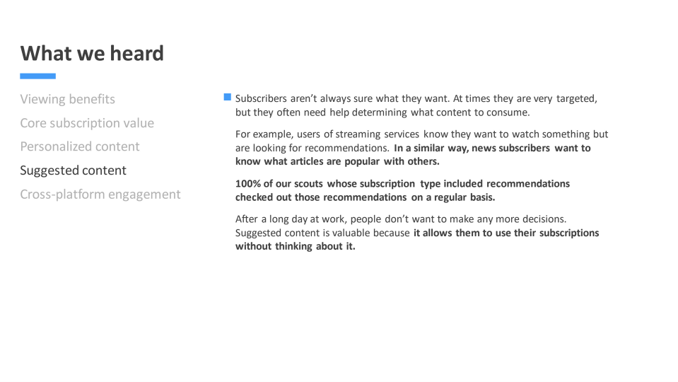 Slide showing users want popular and recommended content to help them use their subscriptions with less friction