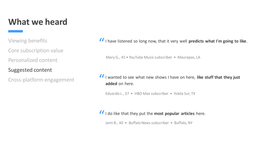 Slide with user feedback that personalization makes their subscriptions valuable