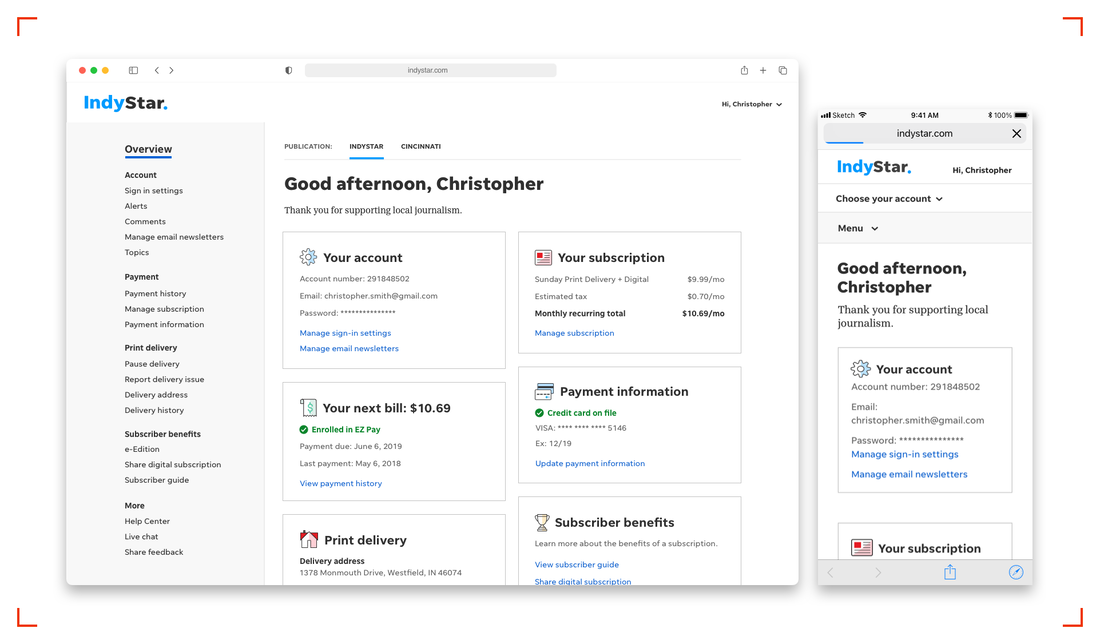 Screenshots of the IndyStar account management experience