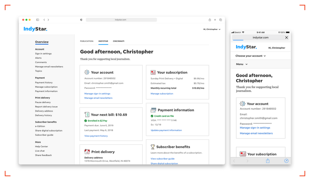Screenshots of the IndyStar account management experience