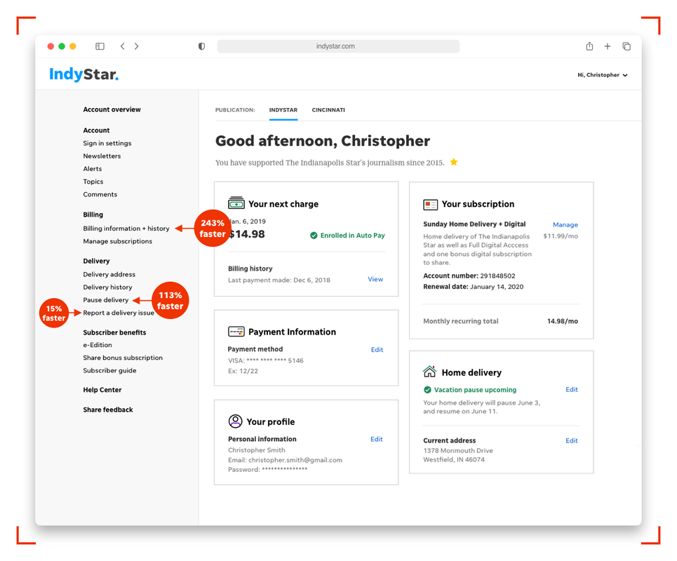 Screenshot showing the percent improvements of navigation time, explained in the paragraph above