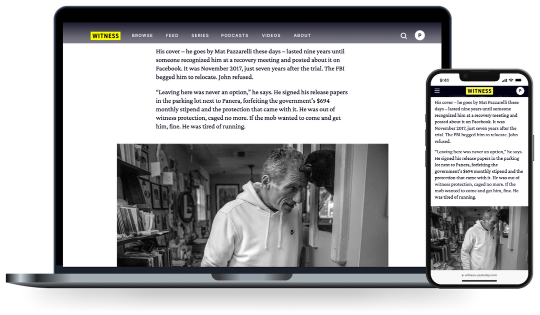 Screenshots of a standard article on Witness