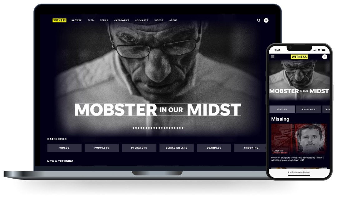 Product screenshots of a dark and moody true crime site featuring the story 